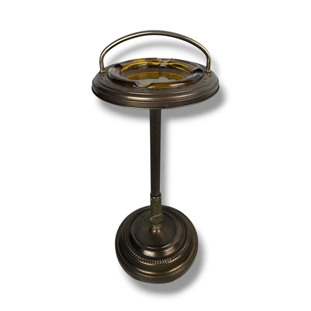 Vintage Standing Brass Metal Ashtray Smoking Stand Glass Tobacciana Art Deco